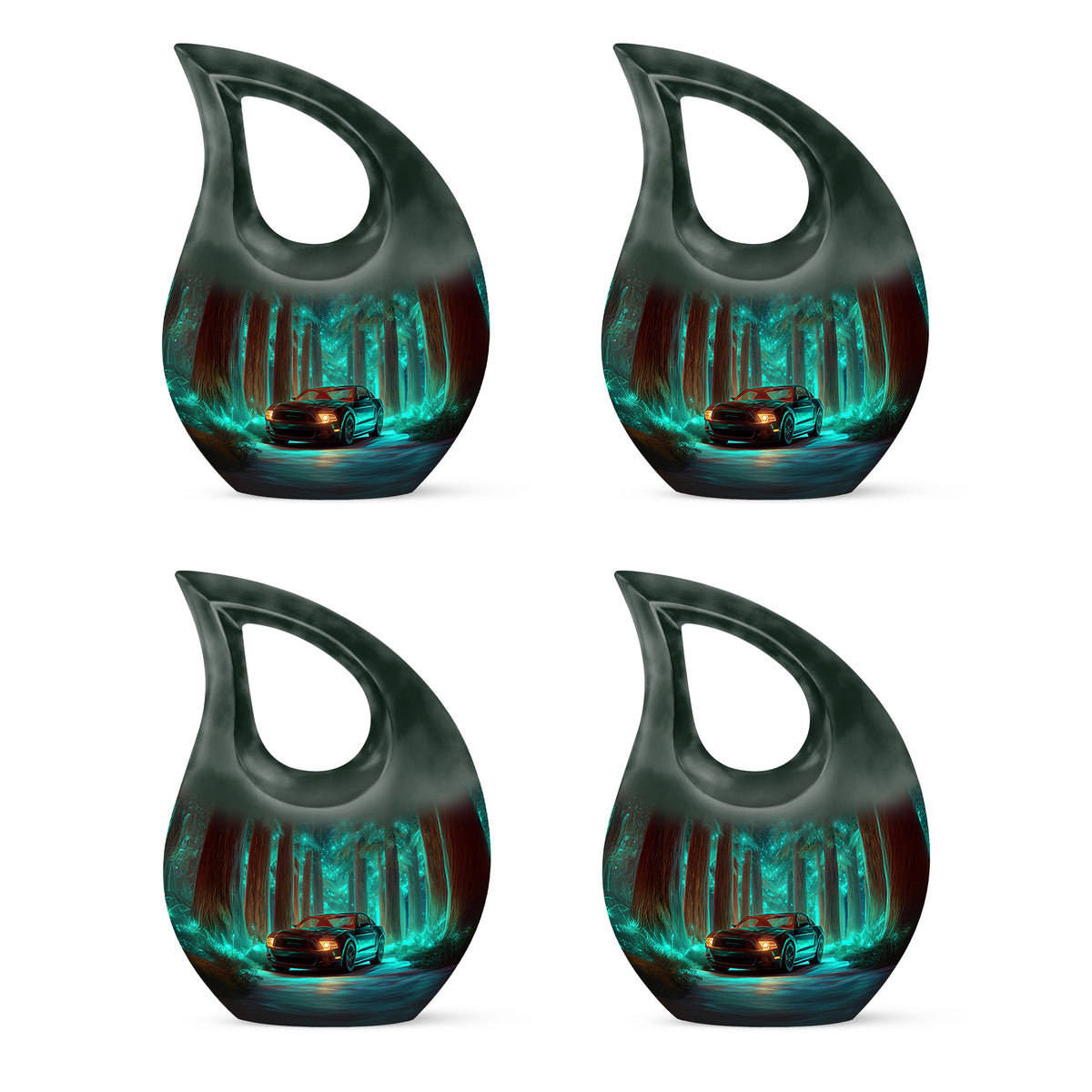 Deep Teal Car Cremation Urn lifestyle display on memorial shelf - devotional cross-drop car engraving - 10 inch aluminum urn for cremated remains