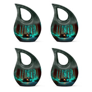 Deep Teal Car Cremation Urn lifestyle display on memorial shelf - devotional cross-drop car engraving - 10 inch aluminum urn for cremated remains