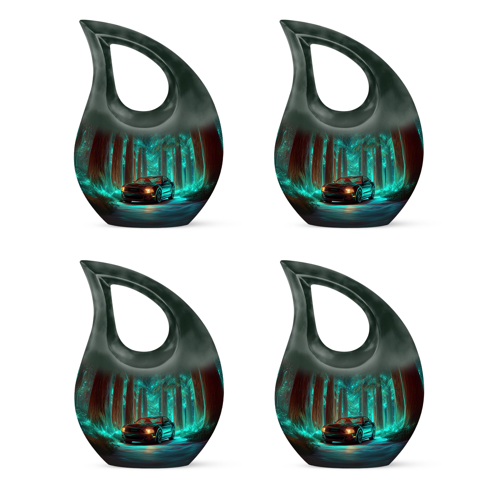 Deep Teal Car Cremation Urn lifestyle display on memorial shelf - devotional cross-drop car engraving - 10 inch aluminum urn for cremated remains