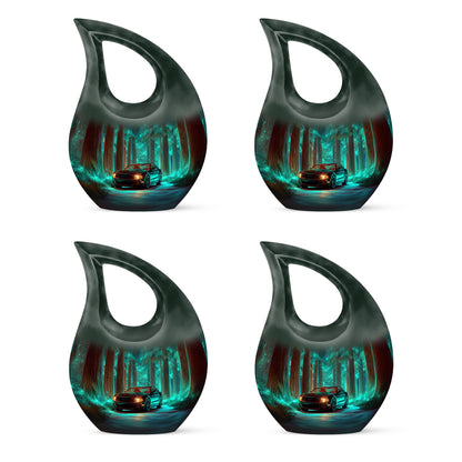 Deep Teal Car Cremation Urn lifestyle display on memorial shelf - devotional cross-drop car engraving - 10 inch aluminum urn for cremated remains