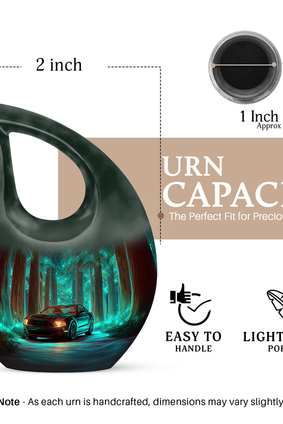 Jewel Teal Car Cremation Urn back view with polished surface - cross and car combined in spiritual memorial design - mini keepsake memorial for portion of cremation ashes