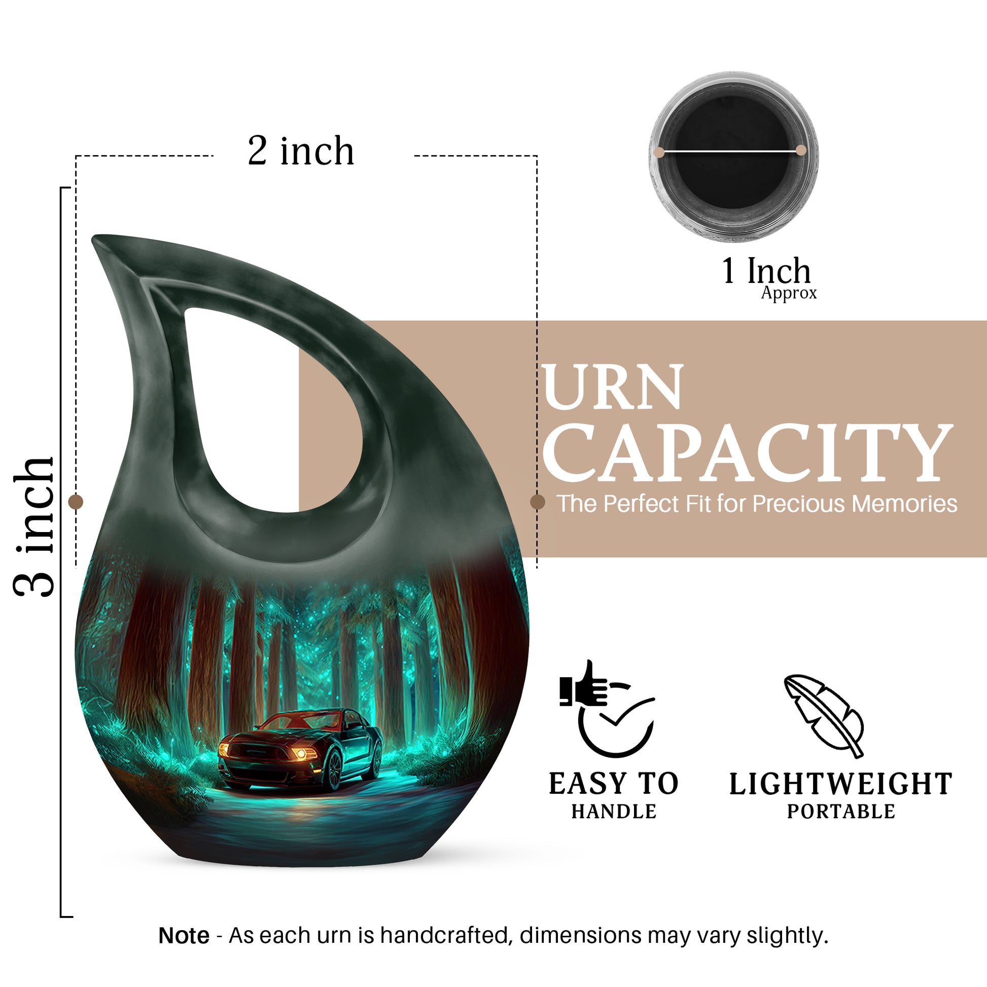 Jewel Teal Car Cremation Urn back view with polished surface - cross and car combined in spiritual memorial design - mini keepsake memorial for portion of cremation ashes