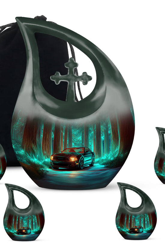 Aqua Teal Car Cremation Urn urn with complimentary velvet bag - devotional cross-drop car engraving - memorial set with one large and four small urns