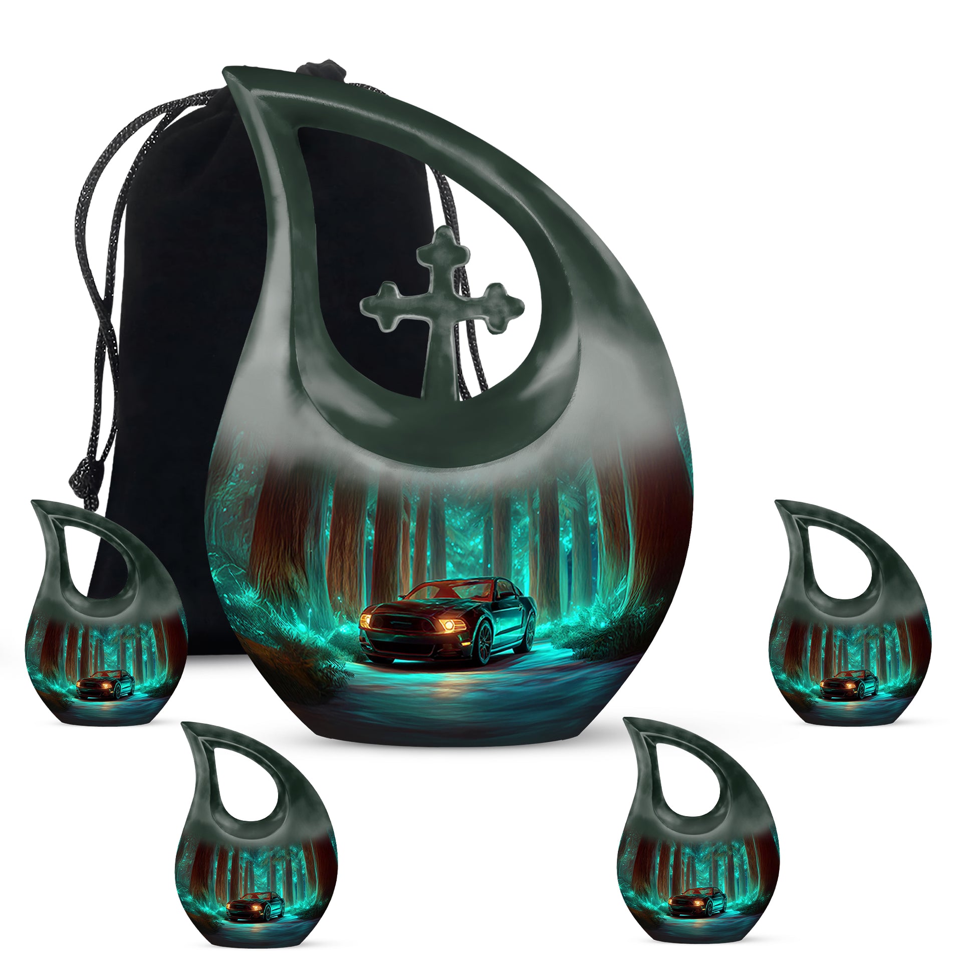 Aqua Teal Car Cremation Urn urn with complimentary velvet bag - devotional cross-drop car engraving - memorial set with one large and four small urns