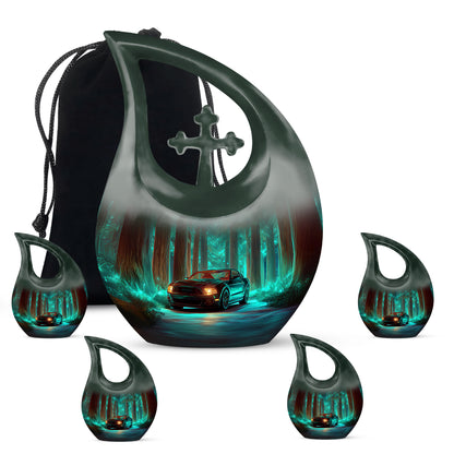 Aqua Teal Car Cremation Urn urn with complimentary velvet bag - devotional cross-drop car engraving - memorial set with one large and four small urns