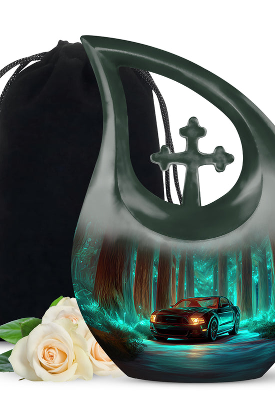 Tropical Teal Car Cremation Urn top-down view of secure threaded lid - faith-inspired cross-drop urn with car pattern - full-size 10 inch 200 cubic inch adult cremation urn