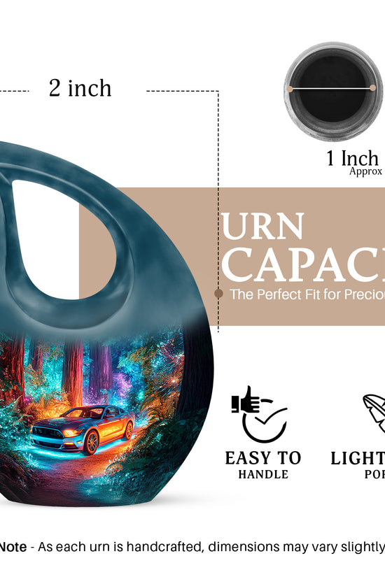 Navy Blue Car Cremation Urn back view with polished surface - sacred cross merged with car motif on metal - mini keepsake memorial for portion of cremation ashes