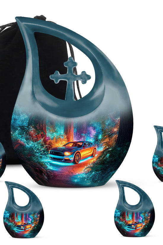 Serene Blue Car Cremation Urn urn with complimentary velvet bag - faith-inspired cross-drop urn with car pattern - memorial set with one large and four small urns