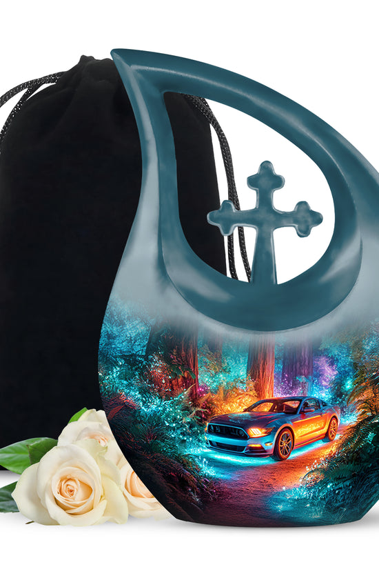 Calming Blue Car Cremation Urn top-down view of secure threaded lid - faith-inspired cross-drop urn with car pattern - full-size 10 inch 200 cubic inch adult cremation urn