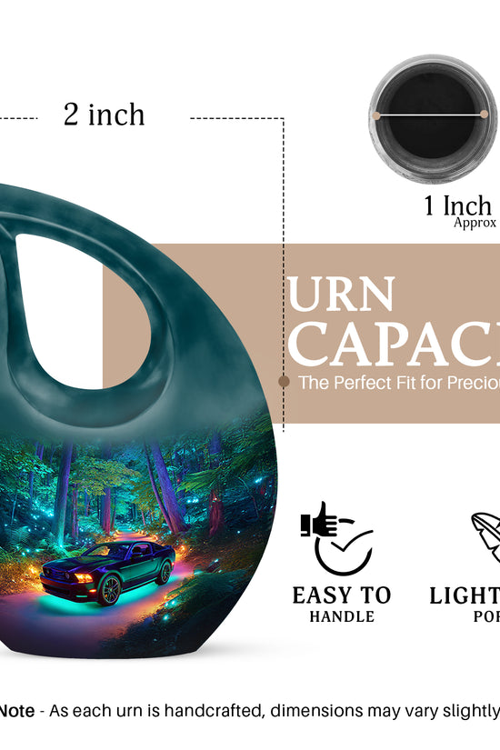 Royal Blue Car Cremation Urn back view with polished surface - faith-inspired cross-drop urn with car pattern - mini keepsake memorial for portion of cremation ashes