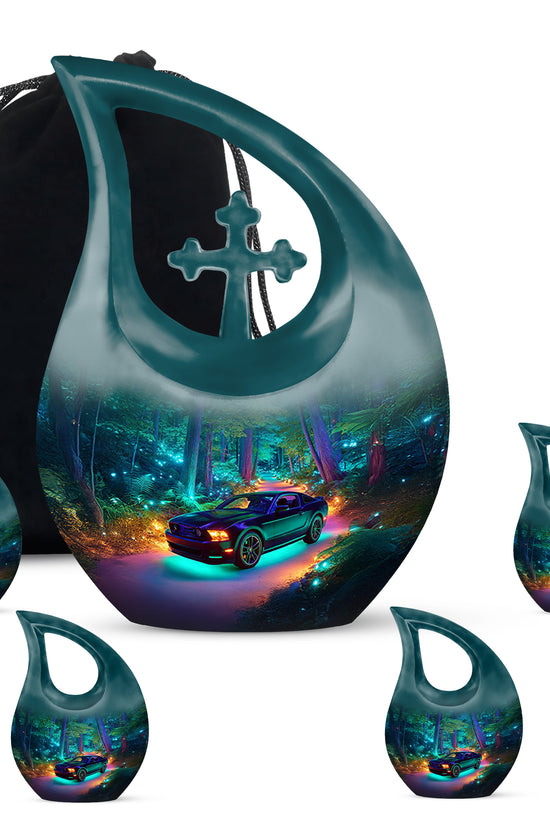 Soft Blue Car Cremation Urn urn with complimentary velvet bag - devotional cross-drop car engraving - memorial set with one large and four small urns