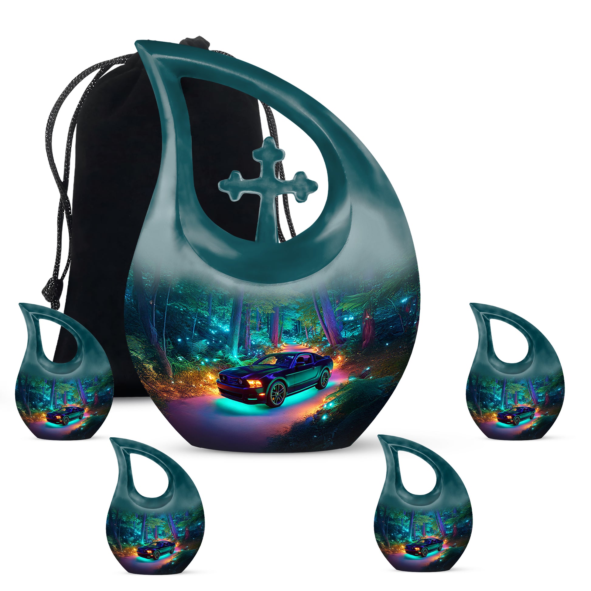 Soft Blue Car Cremation Urn urn with complimentary velvet bag - devotional cross-drop car engraving - memorial set with one large and four small urns