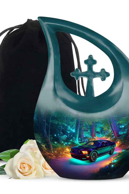 Cobalt Blue Car Cremation Urn top-down view of secure threaded lid - faith-inspired cross-drop urn with car pattern - full-size 10 inch 200 cubic inch adult cremation urn