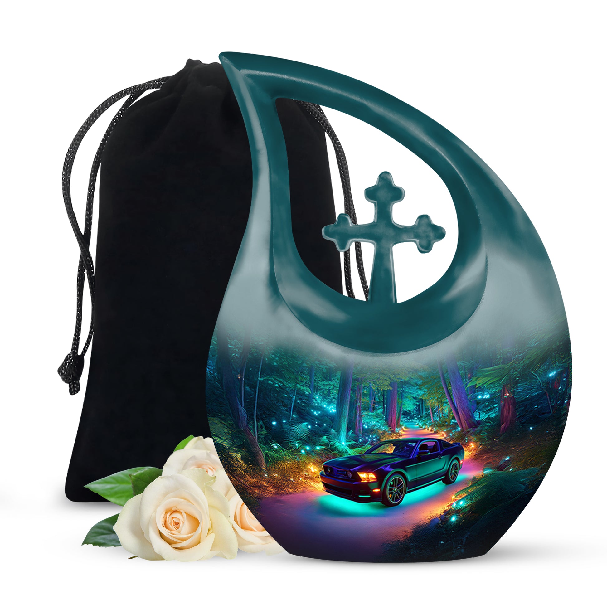 Cobalt Blue Car Cremation Urn top-down view of secure threaded lid - faith-inspired cross-drop urn with car pattern - full-size 10 inch 200 cubic inch adult cremation urn