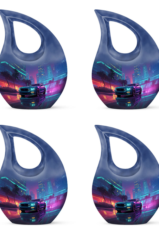 Indigo Car Cremation Urn lifestyle display on memorial shelf - sacred cross merged with car motif on metal - 10 inch aluminum urn for cremated remains