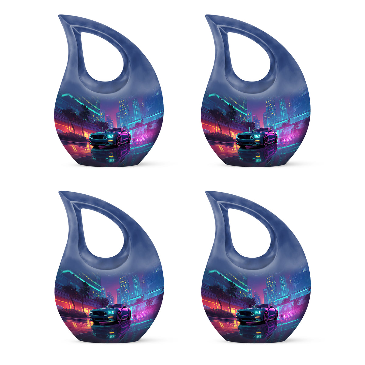 Indigo Car Cremation Urn lifestyle display on memorial shelf - sacred cross merged with car motif on metal - 10 inch aluminum urn for cremated remains