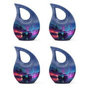 Indigo Car Cremation Urn lifestyle display on memorial shelf - sacred cross merged with car motif on metal - 10 inch aluminum urn for cremated remains