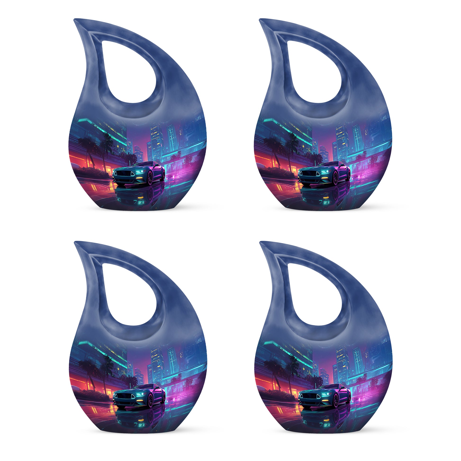 Indigo Car Cremation Urn lifestyle display on memorial shelf - sacred cross merged with car motif on metal - 10 inch aluminum urn for cremated remains
