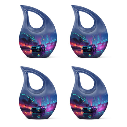 Indigo Car Cremation Urn lifestyle display on memorial shelf - sacred cross merged with car motif on metal - 10 inch aluminum urn for cremated remains