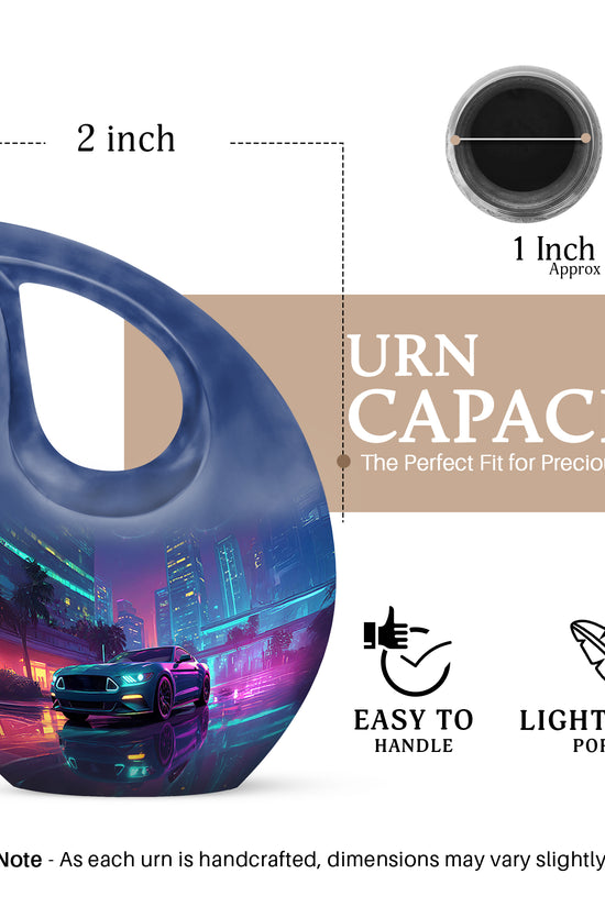 Azure Car Cremation Urn back view with polished surface - sacred cross merged with car motif on metal - mini keepsake memorial for portion of cremation ashes