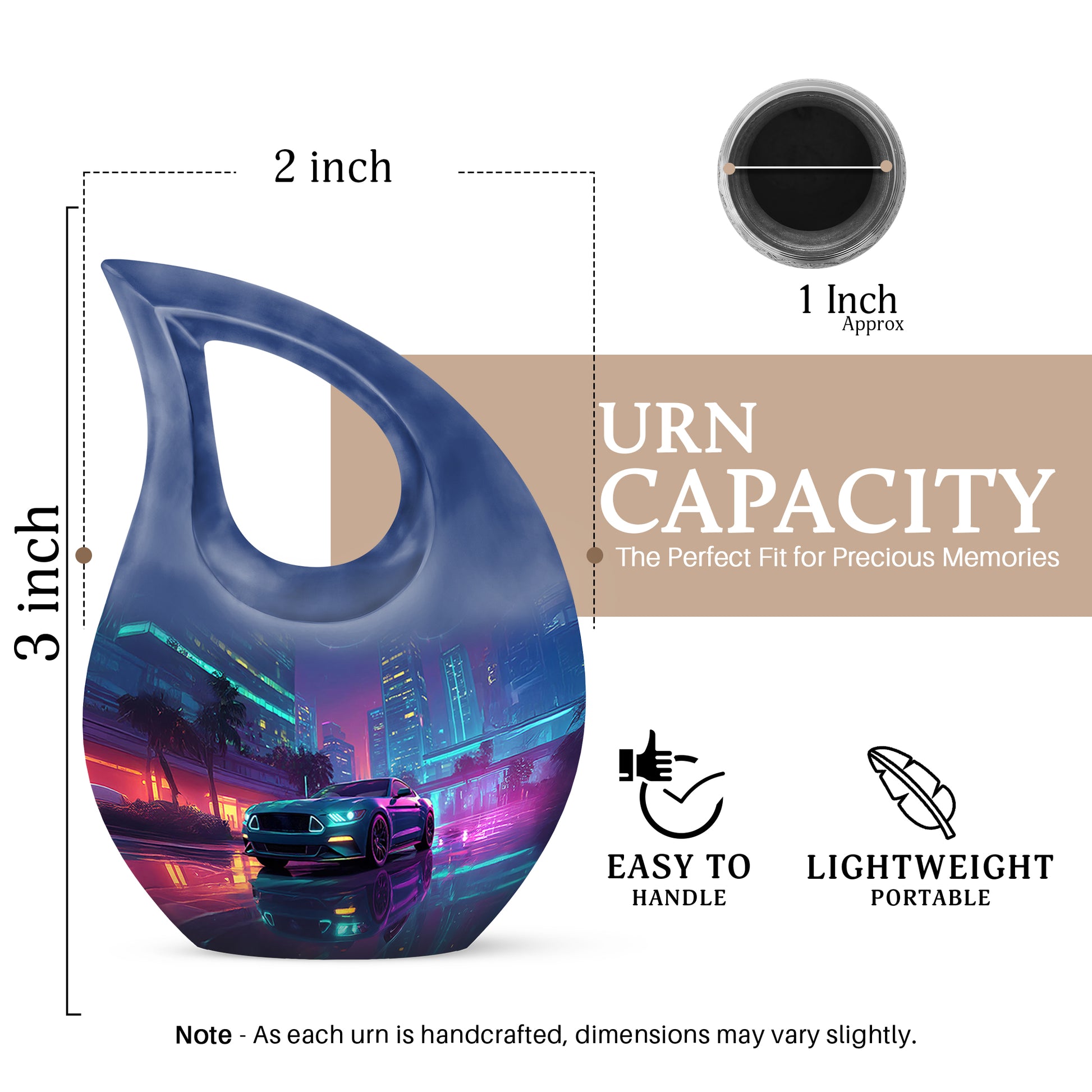 Azure Car Cremation Urn back view with polished surface - sacred cross merged with car motif on metal - mini keepsake memorial for portion of cremation ashes