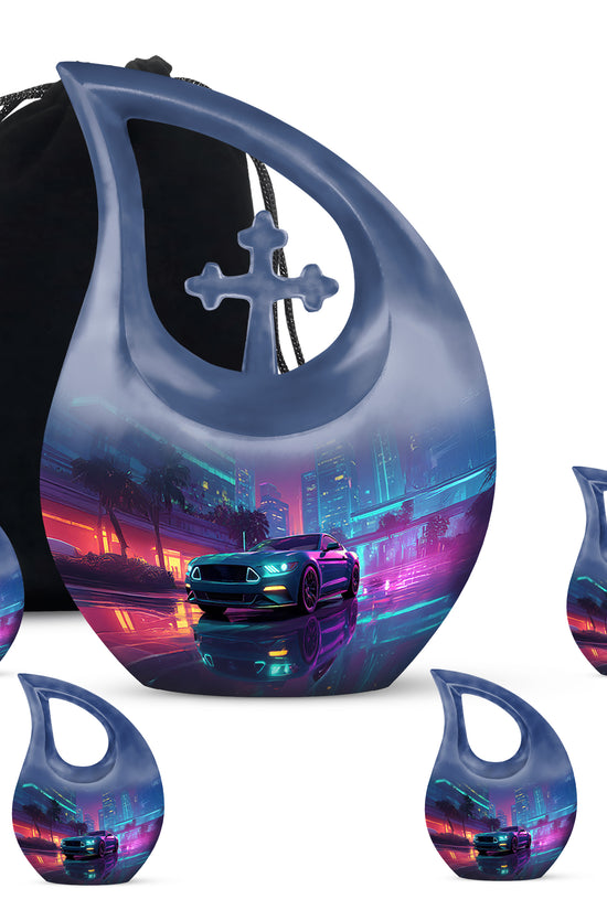Royal Blue Car Cremation Urn urn with complimentary velvet bag - faith-inspired cross-drop urn with car pattern - memorial set with one large and four small urns