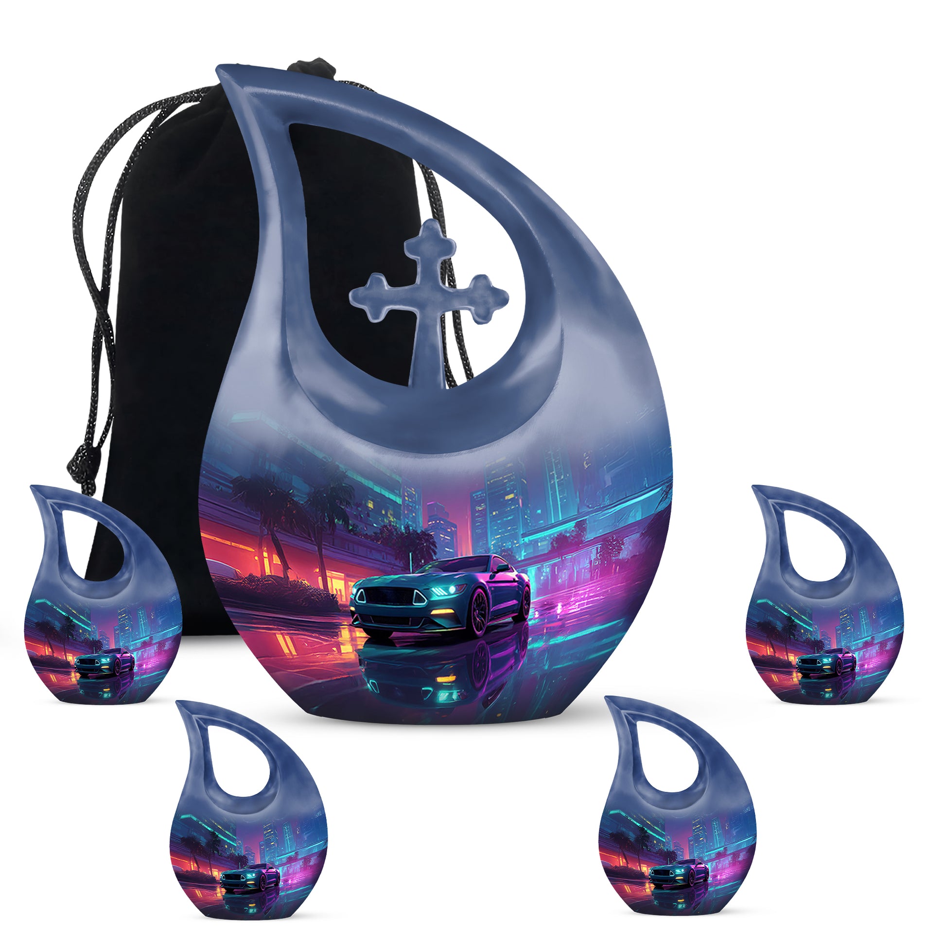 Royal Blue Car Cremation Urn urn with complimentary velvet bag - faith-inspired cross-drop urn with car pattern - memorial set with one large and four small urns