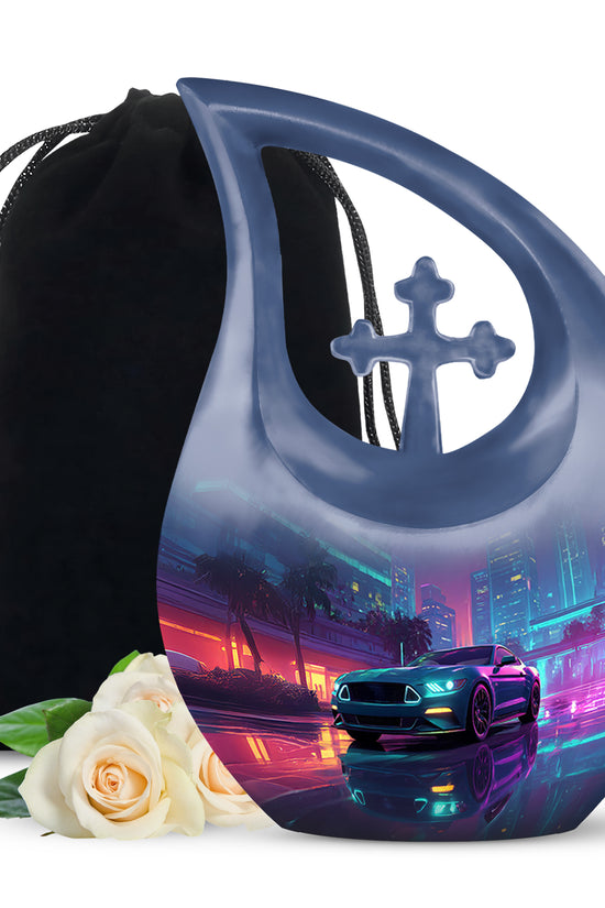 Slate Blue Car Cremation Urn top-down view of secure threaded lid - sacred cross merged with car motif on metal - full-size 10 inch 200 cubic inch adult cremation urn