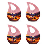 Rich Red Car Cremation Urn lifestyle display on memorial shelf - devotional cross-drop car engraving - 10 inch aluminum urn for cremated remains