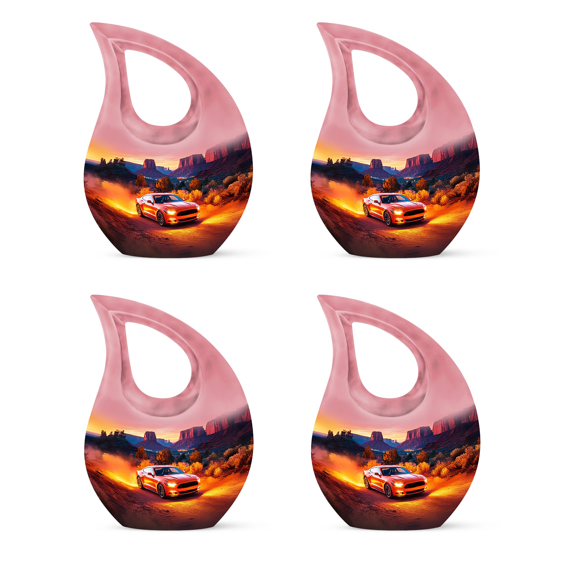 Rich Red Car Cremation Urn lifestyle display on memorial shelf - devotional cross-drop car engraving - 10 inch aluminum urn for cremated remains