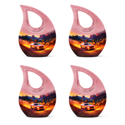 Rich Red Car Cremation Urn lifestyle display on memorial shelf - devotional cross-drop car engraving - 10 inch aluminum urn for cremated remains