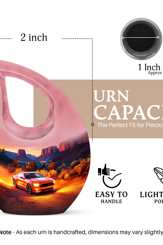 Crimson Red Car Cremation Urn back view with polished surface - sacred cross merged with car motif on metal - mini keepsake memorial for portion of cremation ashes