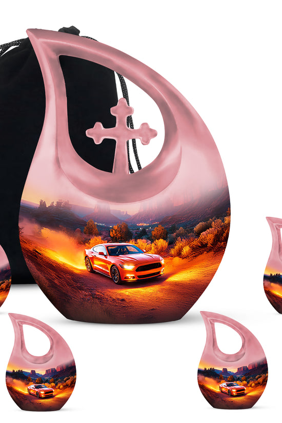 Cherry Red Car Cremation Urn urn with complimentary velvet bag - devotional cross-drop car engraving - memorial set with one large and four small urns