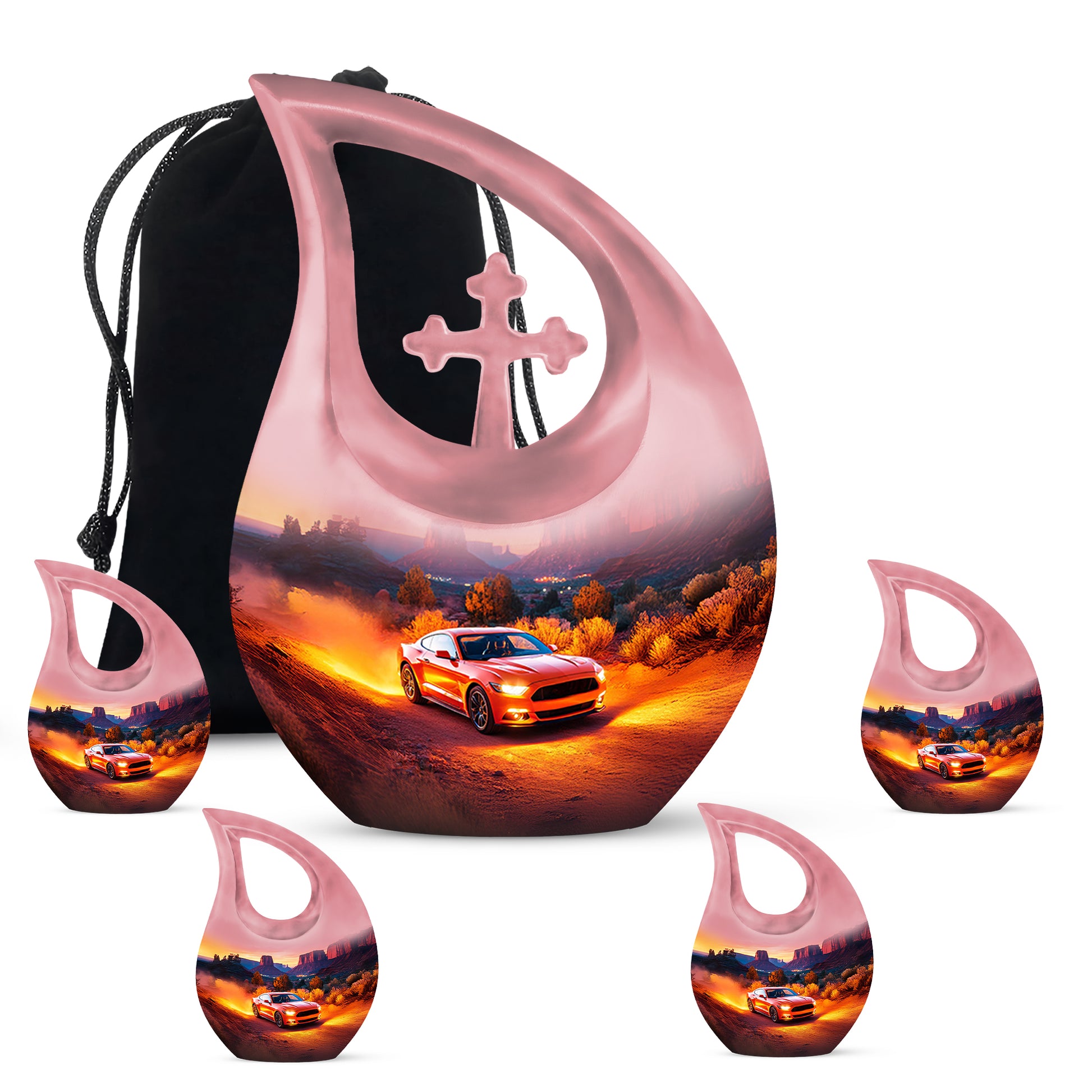 Cherry Red Car Cremation Urn urn with complimentary velvet bag - devotional cross-drop car engraving - memorial set with one large and four small urns