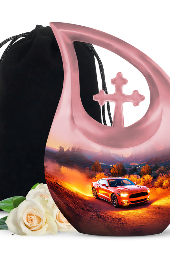 Deep Red Car Cremation Urn top-down view of secure threaded lid - cross and car combined in spiritual memorial design - full-size 10 inch 200 cubic inch adult cremation urn