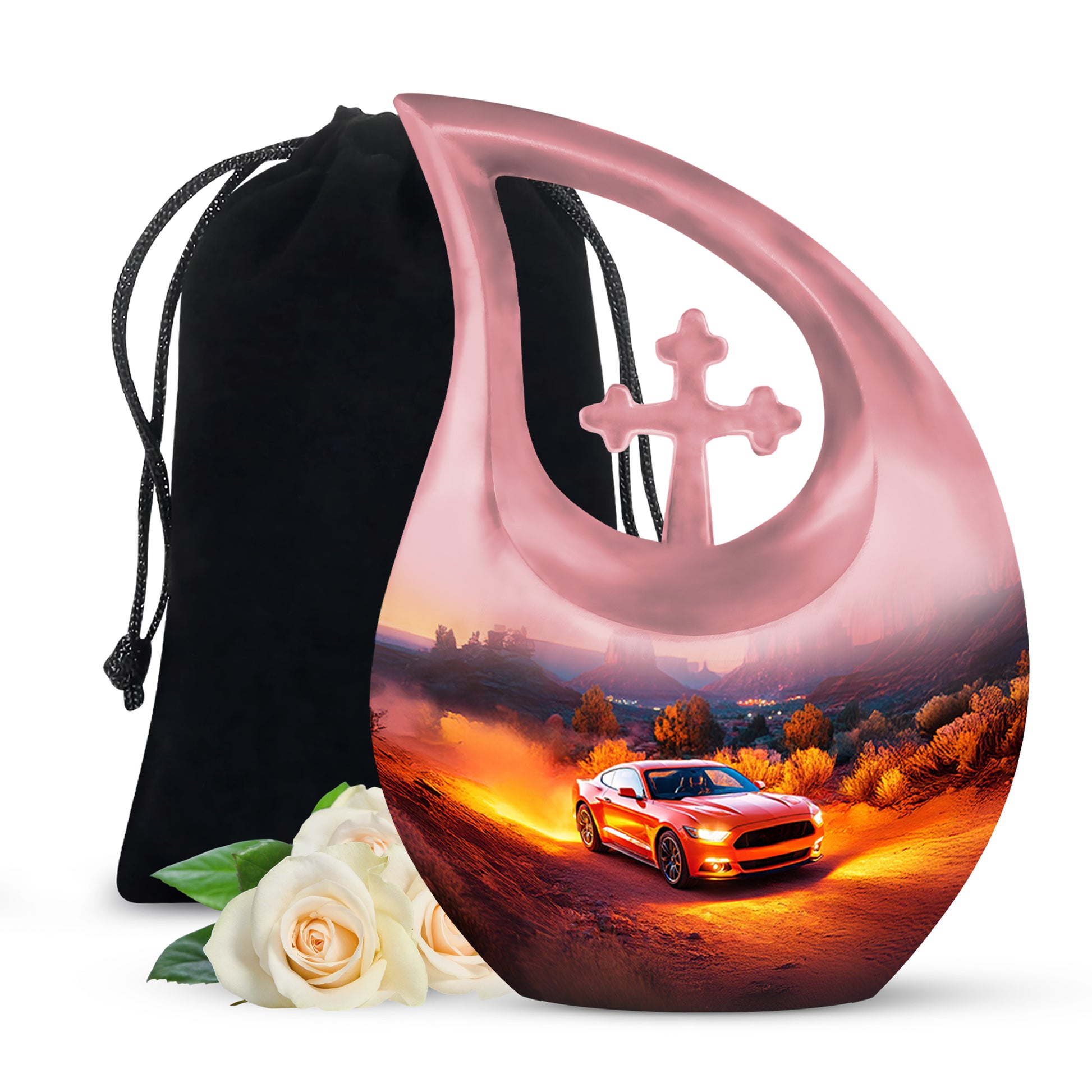 Deep Red Car Cremation Urn top-down view of secure threaded lid - cross and car combined in spiritual memorial design - full-size 10 inch 200 cubic inch adult cremation urn