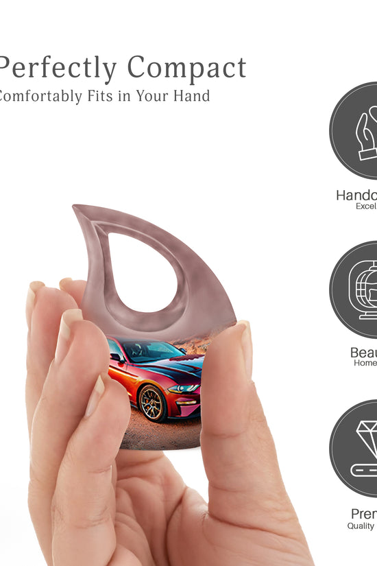 Brushed Silver Car Cremation Urn back view with polished surface - sacred cross merged with car motif on metal - mini keepsake memorial for portion of cremation ashes
