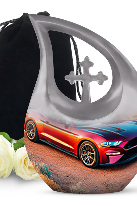 Moonlight Silver Car Cremation Urn top-down view of secure threaded lid - devotional cross-drop car engraving - full-size 10 inch 200 cubic inch adult cremation urn