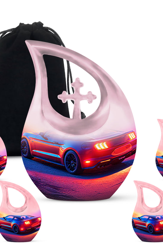 Calming Blue Car Cremation Urn urn with complimentary velvet bag - devotional cross-drop car engraving - memorial set with one large and four small urns