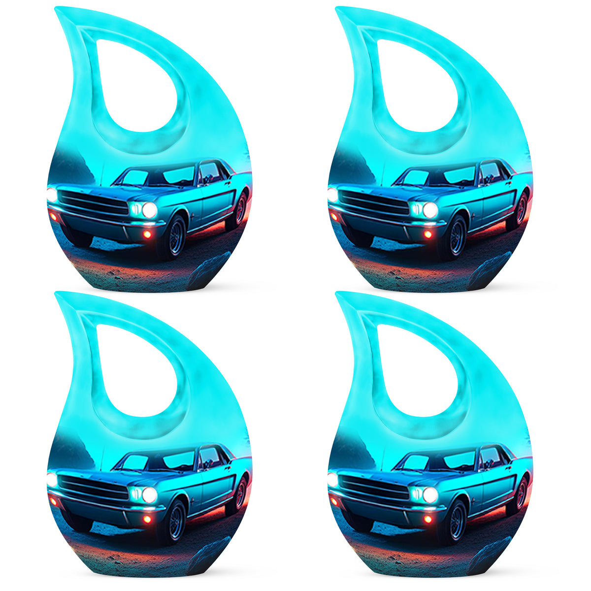 Slate Blue Car Cremation Urn lifestyle display on memorial shelf - sacred cross merged with car motif on metal - 10 inch aluminum urn for cremated remains