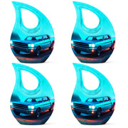 Slate Blue Car Cremation Urn lifestyle display on memorial shelf - sacred cross merged with car motif on metal - 10 inch aluminum urn for cremated remains