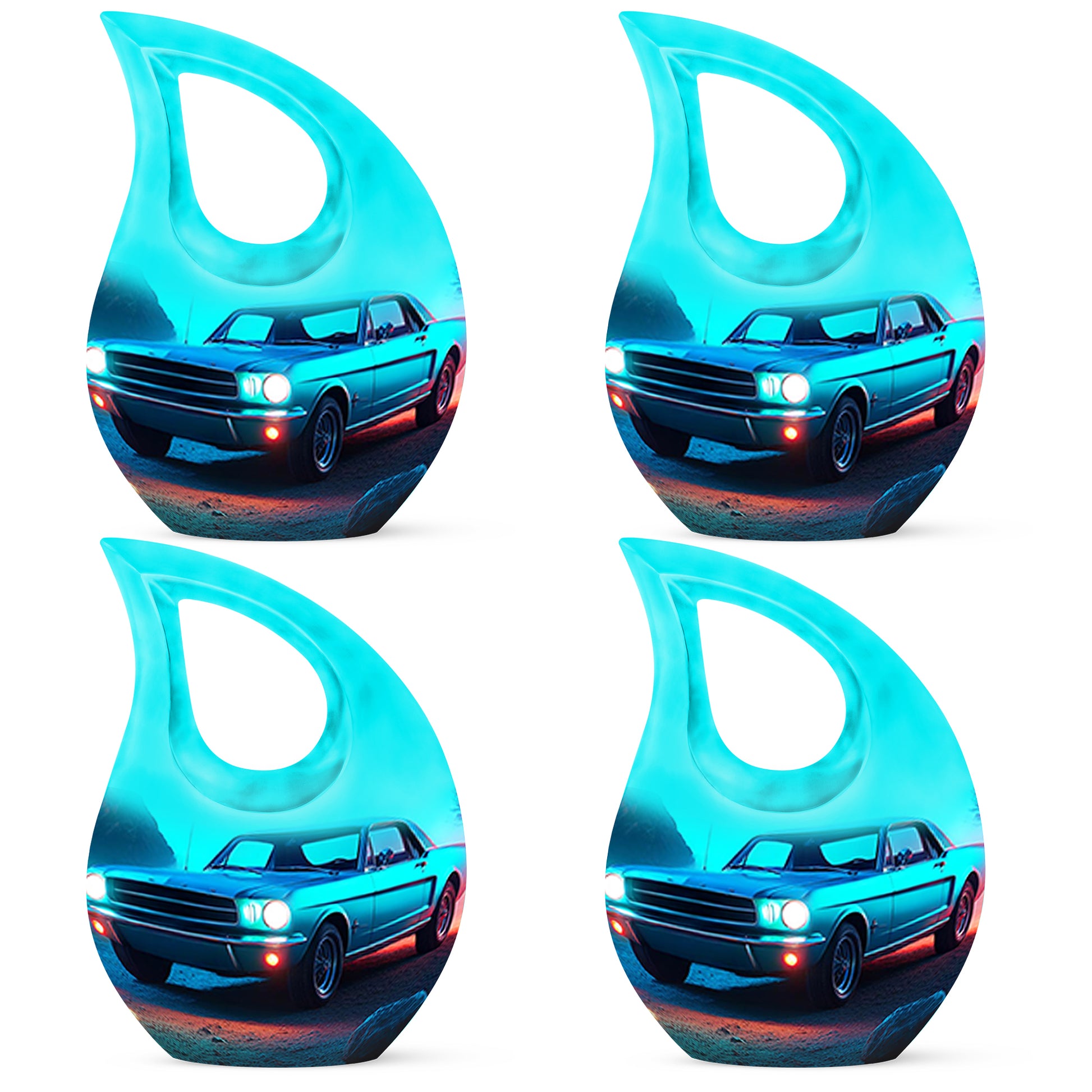 Slate Blue Car Cremation Urn lifestyle display on memorial shelf - sacred cross merged with car motif on metal - 10 inch aluminum urn for cremated remains