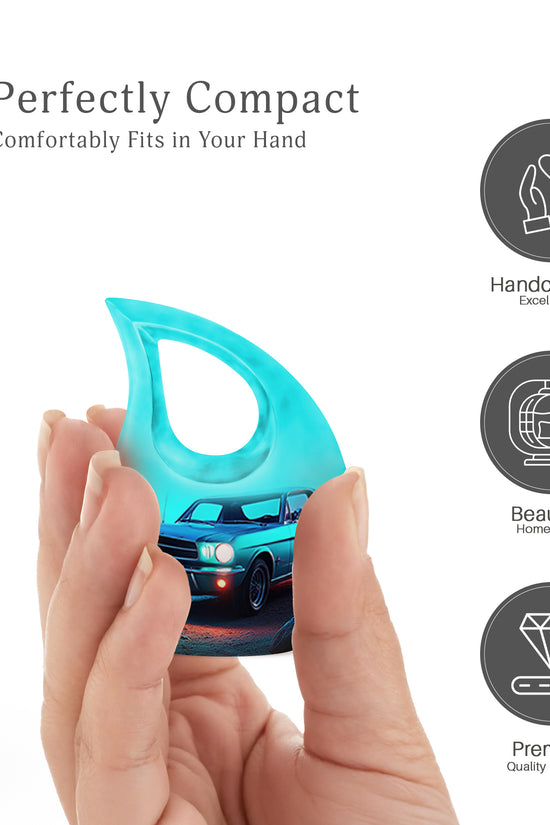 Cobalt Blue Car Cremation Urn back view with polished surface - devotional cross-drop car engraving - mini keepsake memorial for portion of cremation ashes