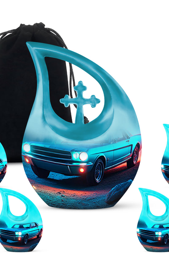 Navy Blue Car Cremation Urn urn with complimentary velvet bag - cross and car combined in spiritual memorial design - memorial set with one large and four small urns