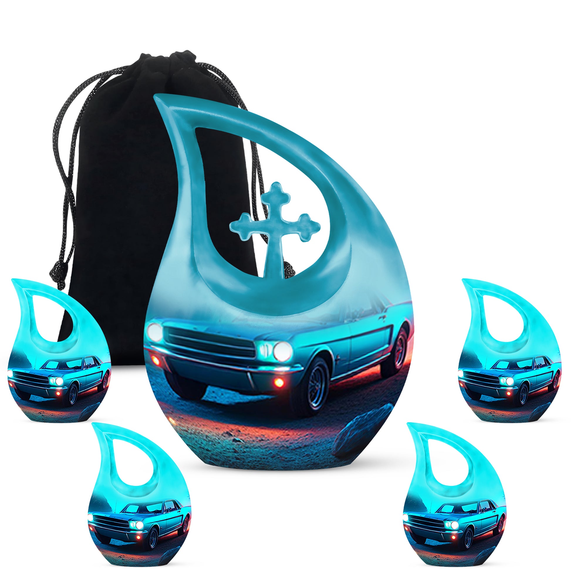 Navy Blue Car Cremation Urn urn with complimentary velvet bag - cross and car combined in spiritual memorial design - memorial set with one large and four small urns