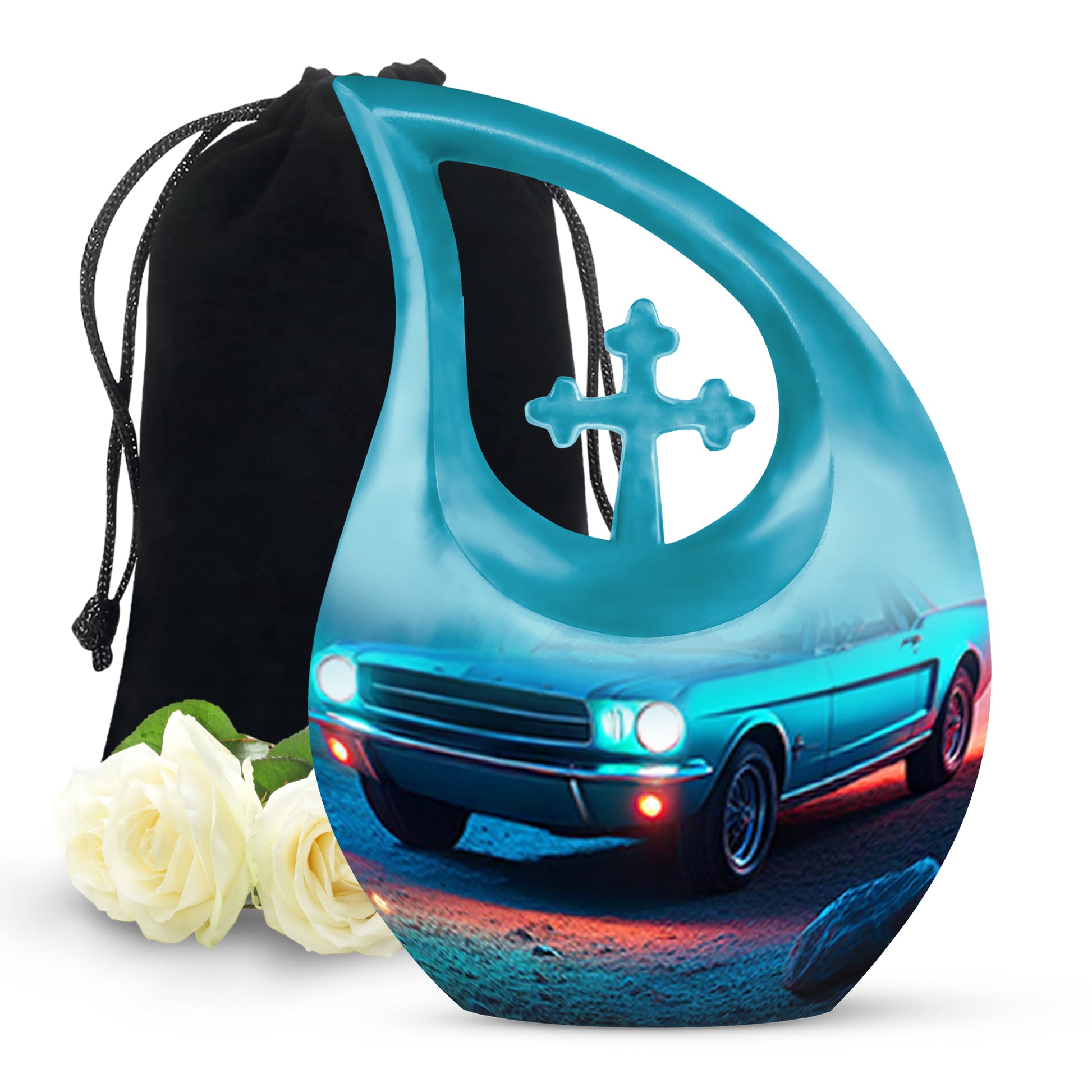 Steel Blue Car Cremation Urn top-down view of secure threaded lid - devotional cross-drop car engraving - full-size 10 inch 200 cubic inch adult cremation urn