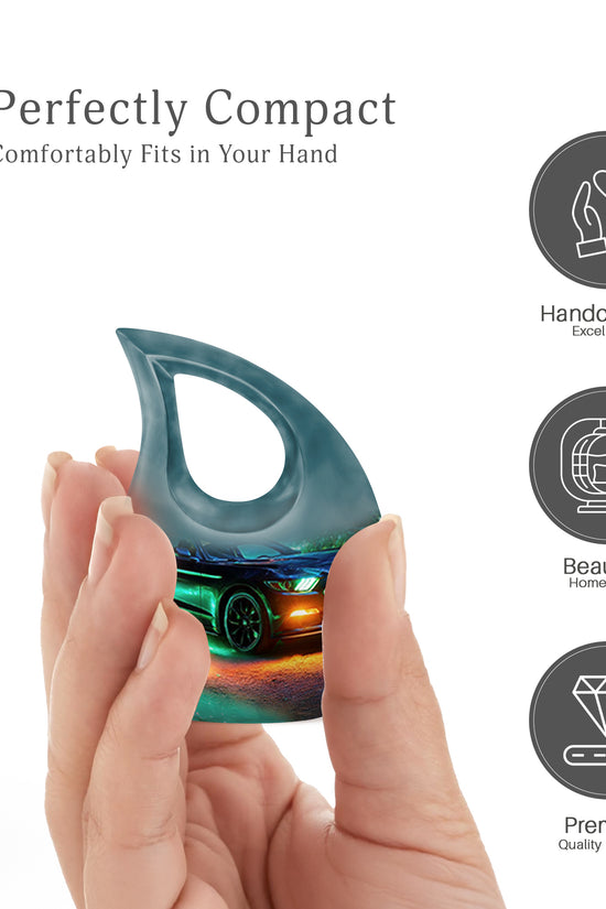 Twilight Blue Car Cremation Urn back view with polished surface - devotional cross-drop car engraving - mini keepsake memorial for portion of cremation ashes