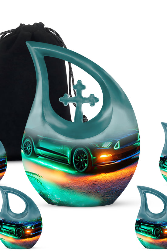 Steel Blue Car Cremation Urn urn with complimentary velvet bag - devotional cross-drop car engraving - memorial set with one large and four small urns
