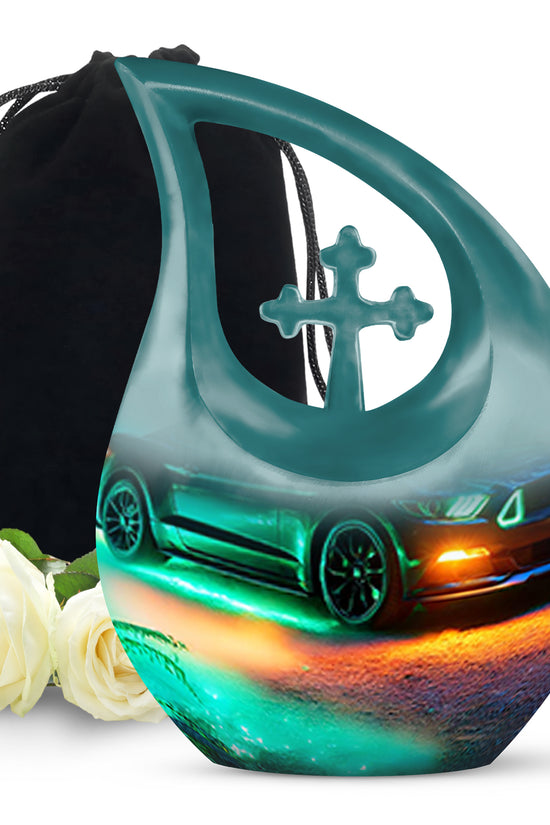 Calming Blue Car Cremation Urn top-down view of secure threaded lid - faith-inspired cross-drop urn with car pattern - full-size 10 inch 200 cubic inch adult cremation urn