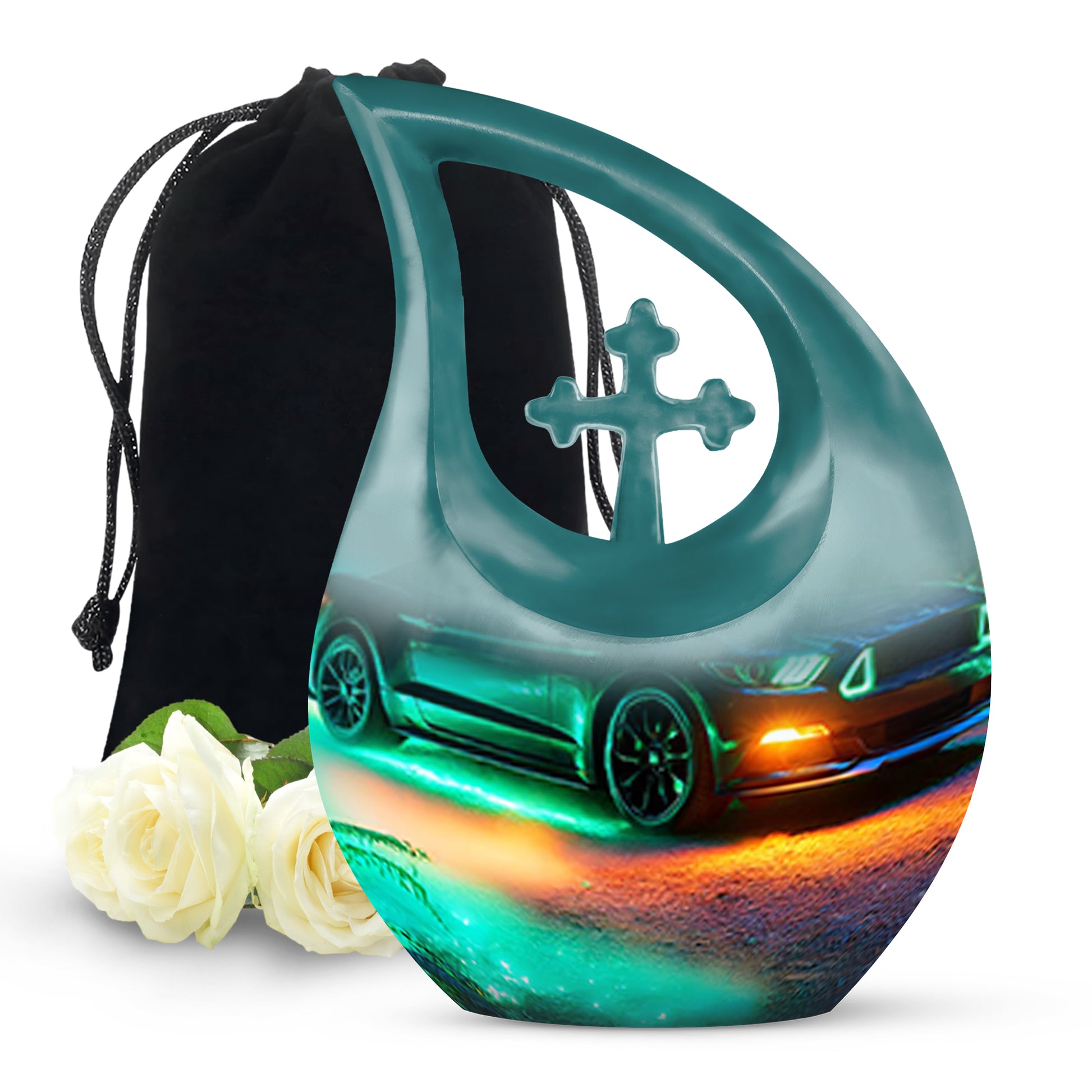 Calming Blue Car Cremation Urn top-down view of secure threaded lid - faith-inspired cross-drop urn with car pattern - full-size 10 inch 200 cubic inch adult cremation urn